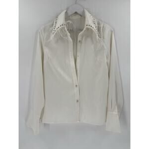 Gritty Soul Womens Medium White Button Up Studded Feathered Satin Semisheer